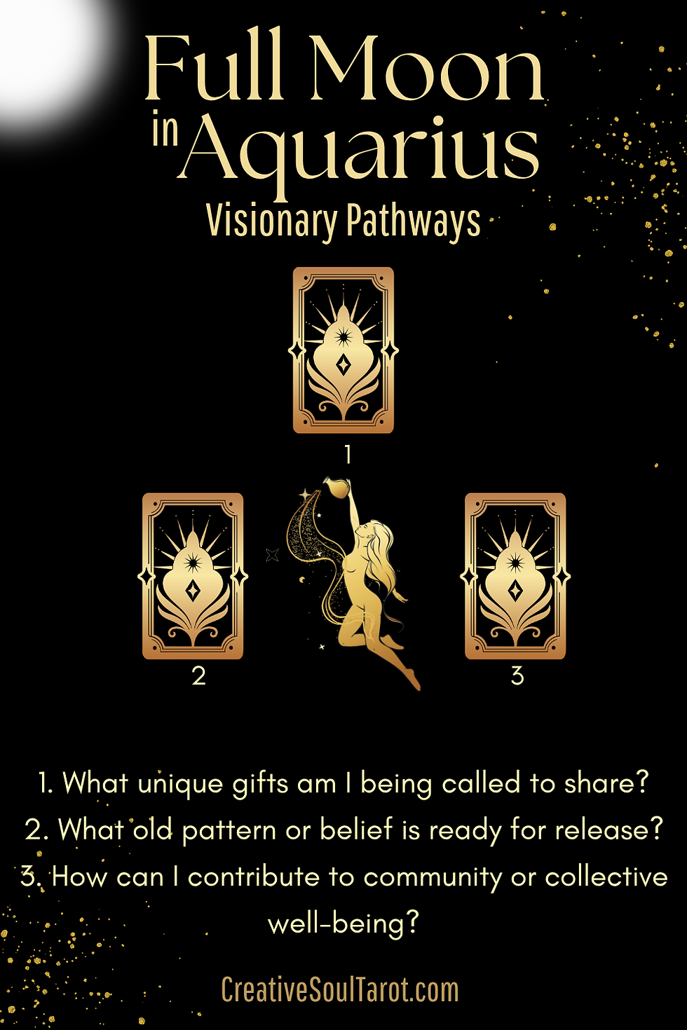Full Moon in Aquarius tarot spread with three cards, a golden figure pouring stars, and reflective questions on a black background.