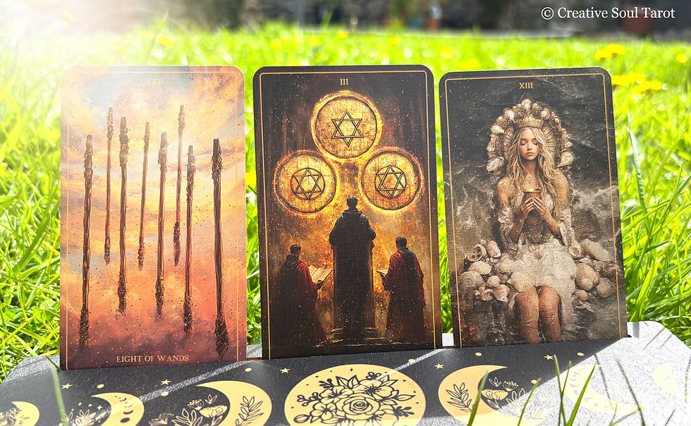 Three tarot cards on grass: Eight of Wands with fiery background, Three of Pentacles with figures and symbols, and a serene woman with shells.