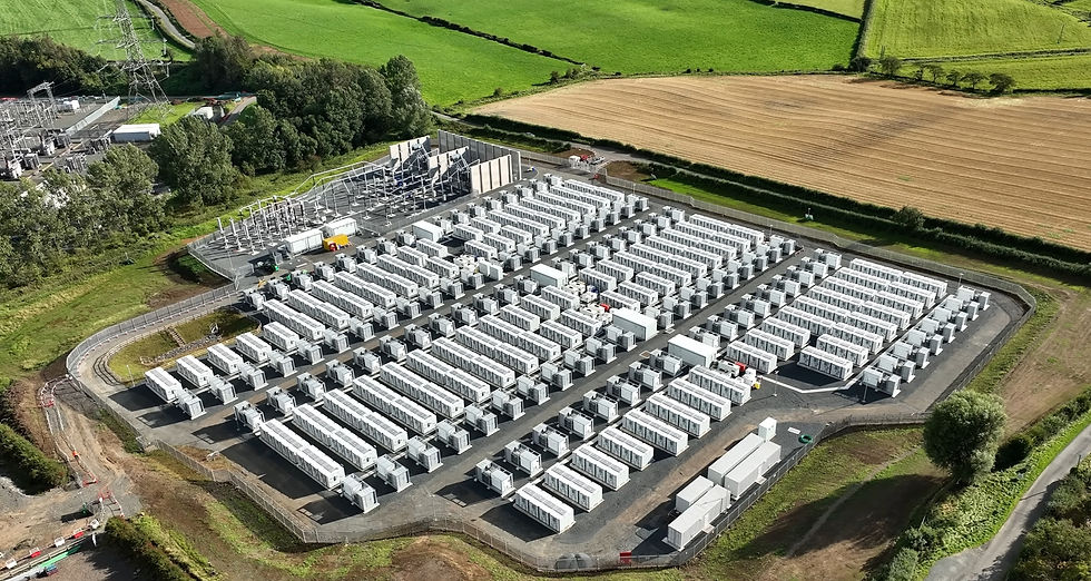 Aerial photograph of a Battery Energy Storage System (BESS) in a rural countryside Designe