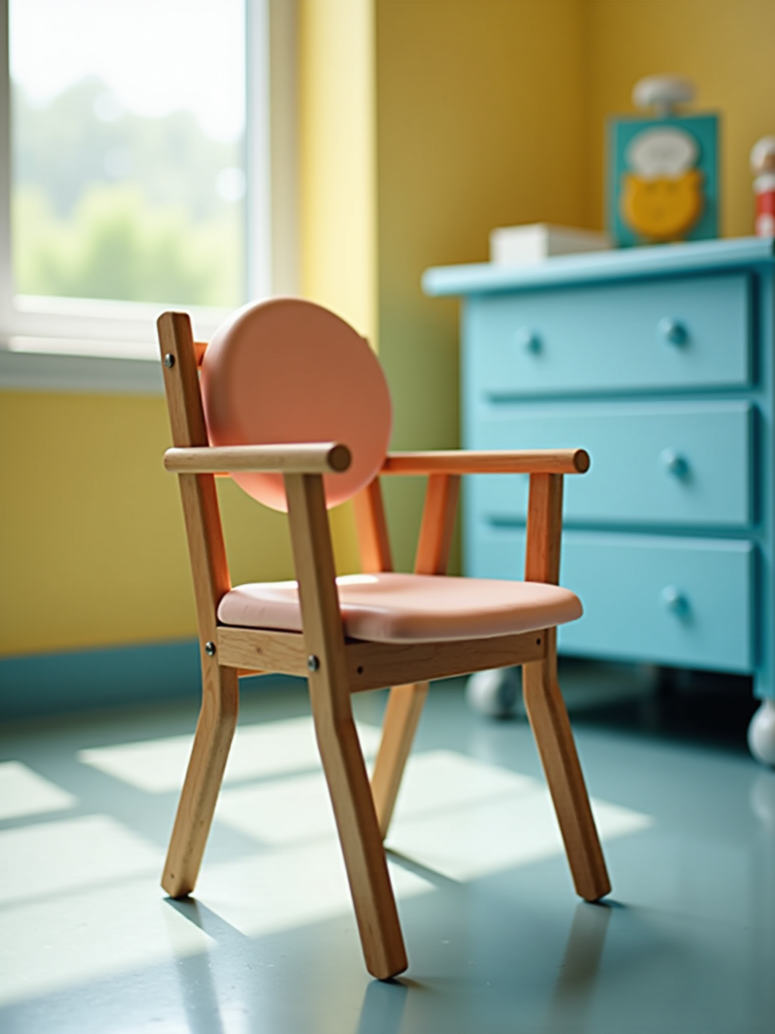 Pink children's wooden chair in bright room