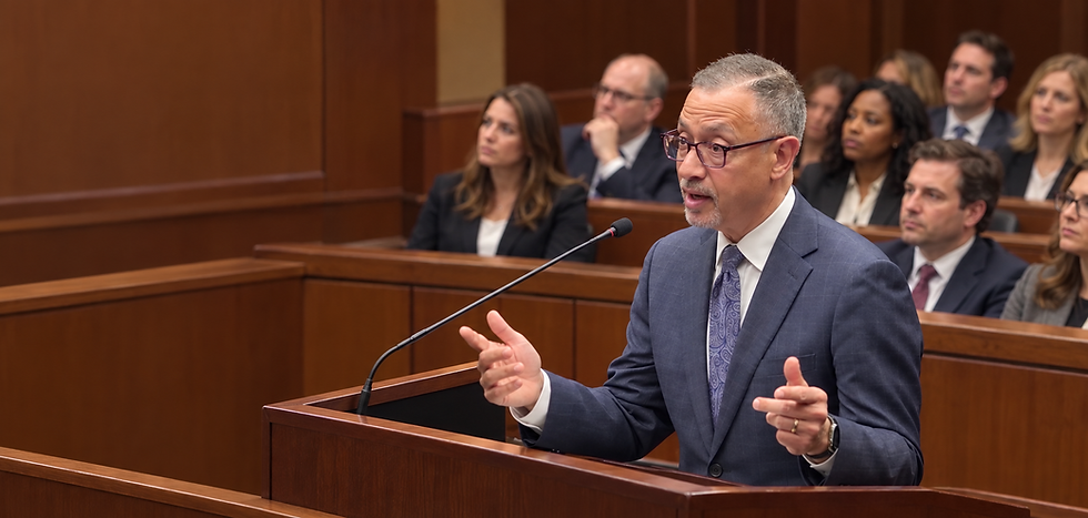 Attorney speaking at a lectern in court with an audience seated behind, landscape orientation.