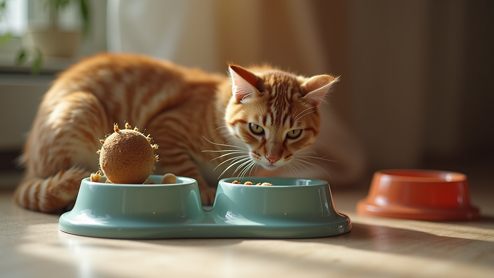 Close-up view of a cat’s feeding station with bowls and toys neatly arranged