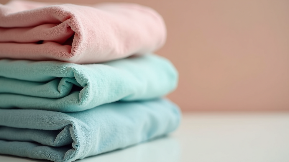 Close-up view of a neatly folded stack of kids' clothes in soft pastel colors