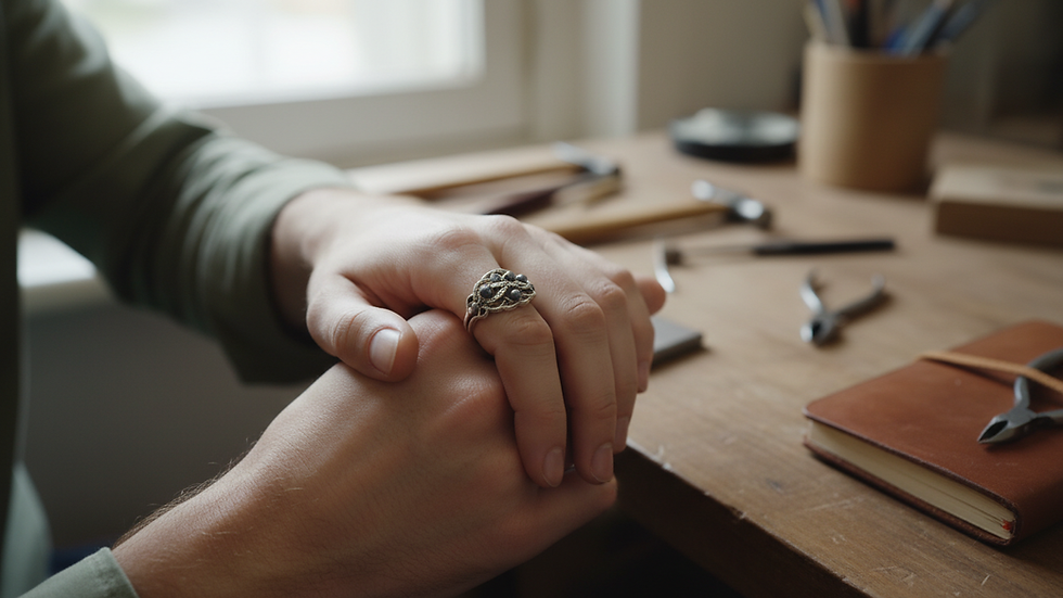 Close-up view of handcrafted silver ring with intricate design