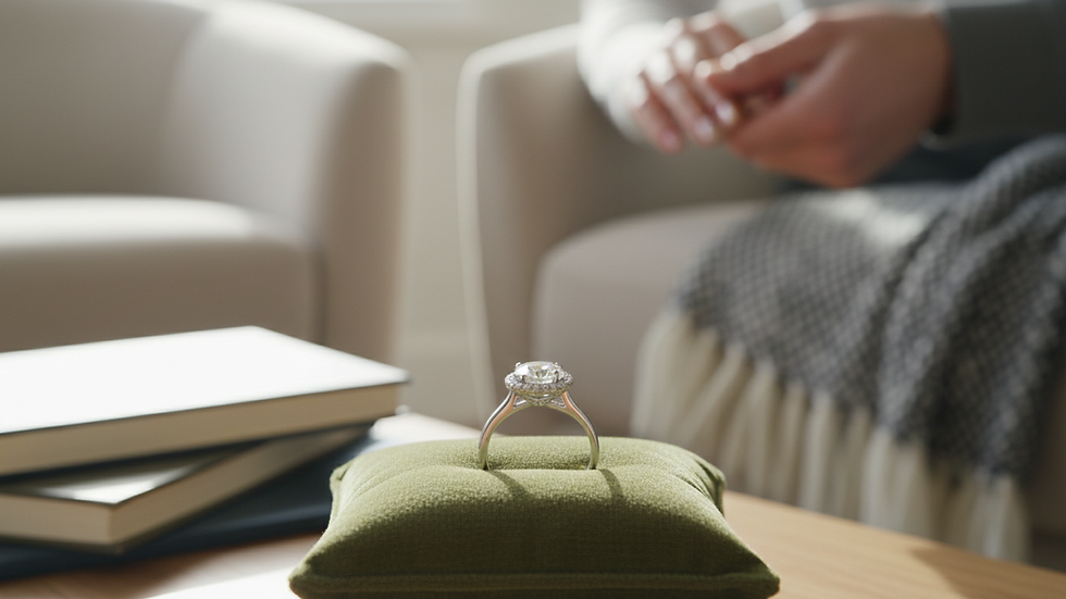 Close-up view of a sparkling diamond ring on a velvet cushion
