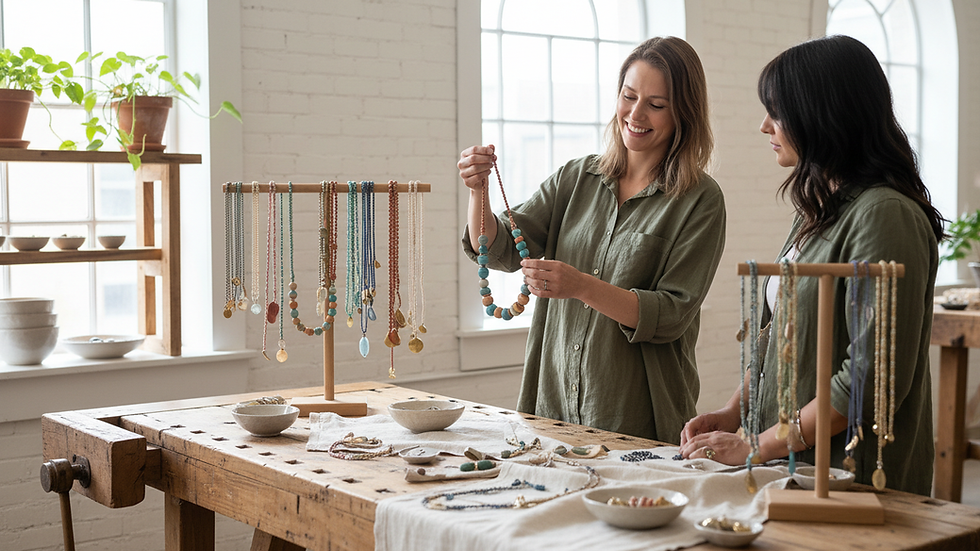 Eye-level view of artisanal jewelry display with colorful handmade necklaces