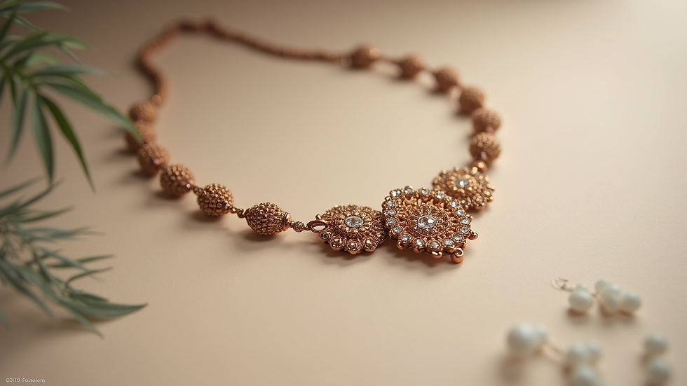 Close-up view of a handcrafted necklace on a neutral background