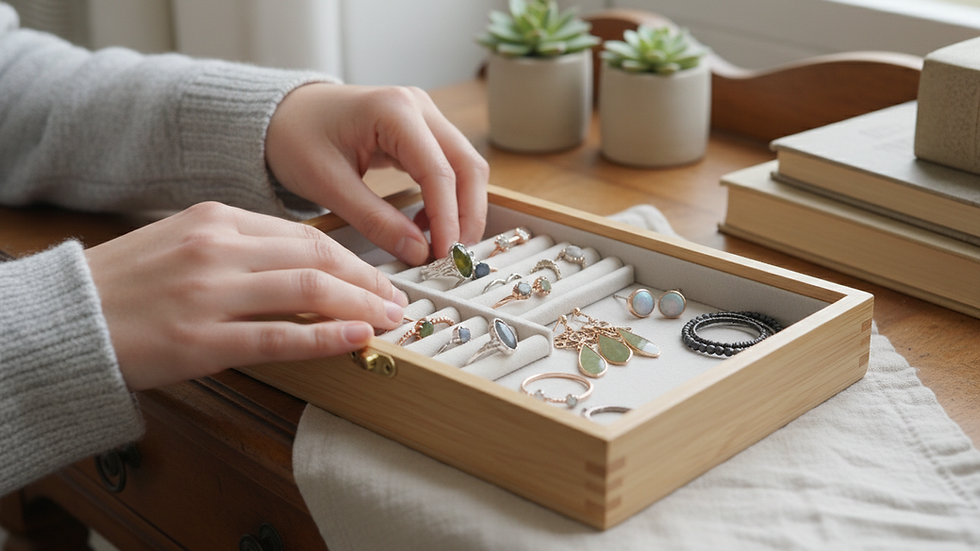 Eye-level view of a jewelry box with assorted rings and earrings