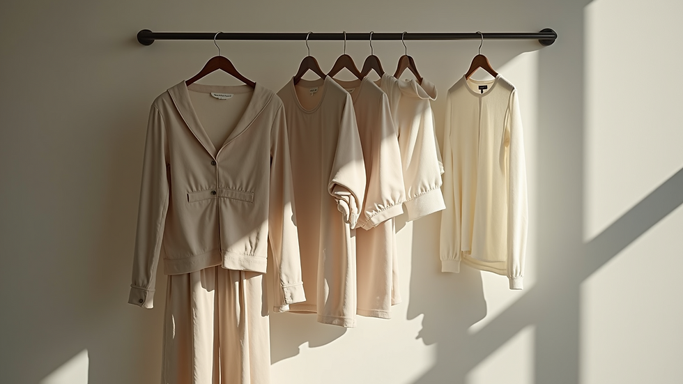 Eye-level view of a minimalist wardrobe with neutral-colored clothing