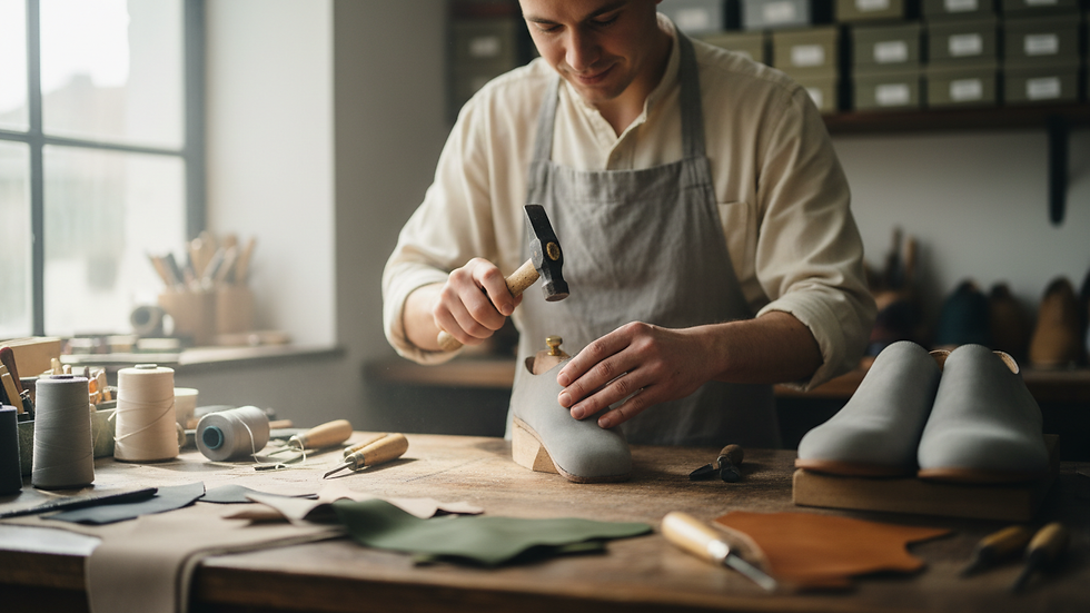 Close-up view of a shoemaker crafting a custom shoe