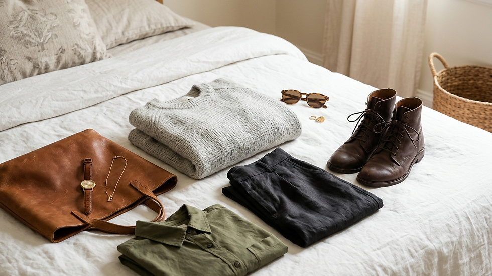 Close-up view of a stylish outfit laid out on a bed with accessories