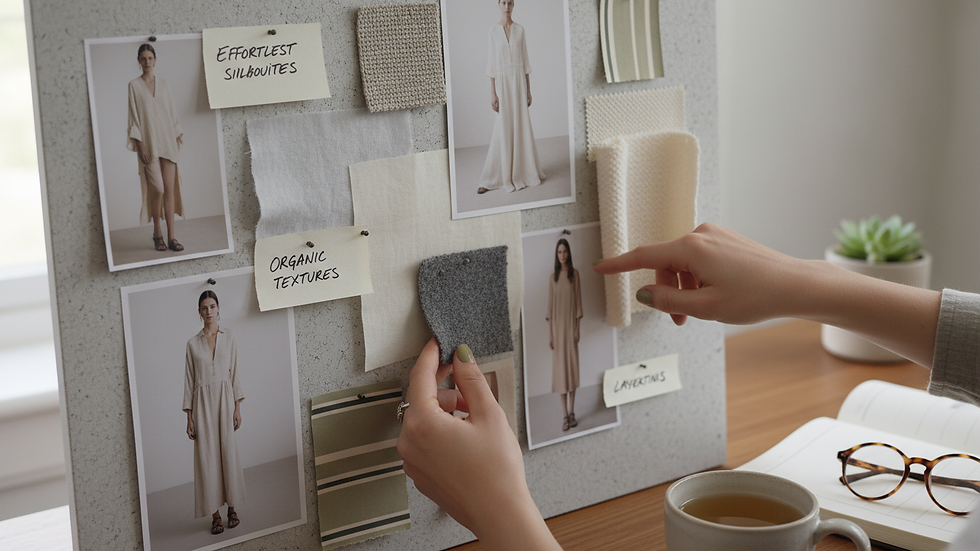 Close-up view of a mood board with fashion clippings and fabric swatches
