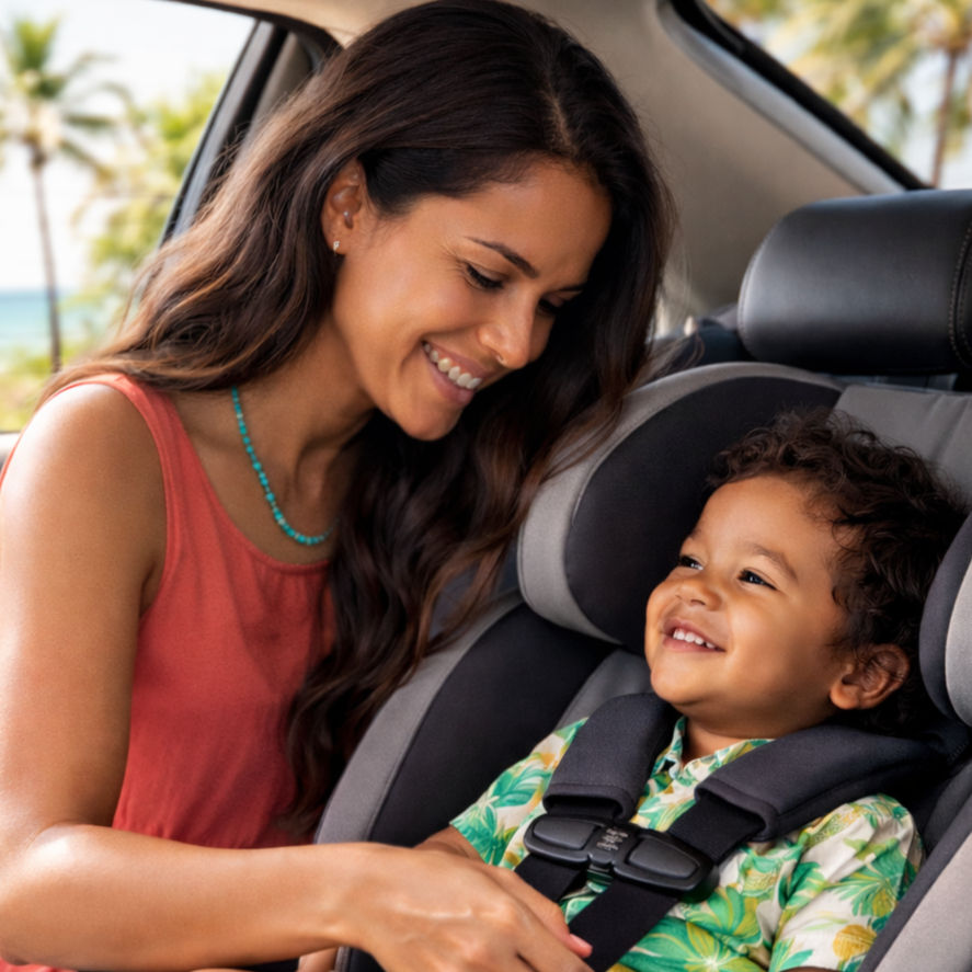 Mom buckling her son into his car seat