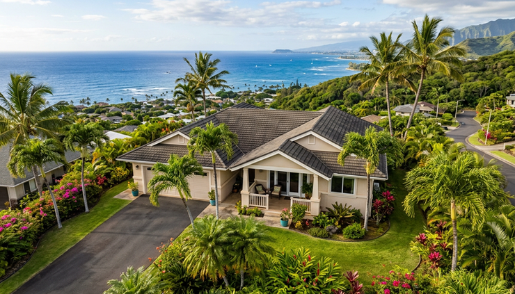 Wide-angle view of an Oahu home near palm trees and the ocean.