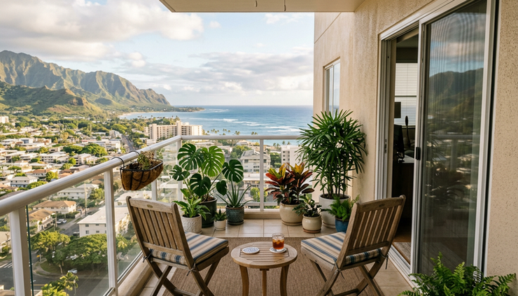 Wide-angle view of a small Oʻahu lanai with seating and potted tropical plants.