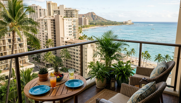 Close-up view of a Waikiki condo balcony with neighboring towers and the ocean beyond