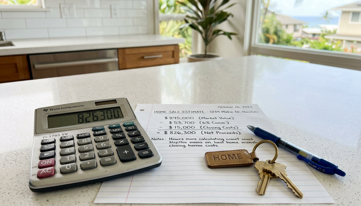 Close-up view of a calculator beside house keys on a kitchen counter.