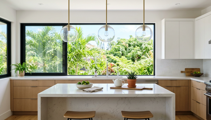 Close-up of modern kitchen lighting over a clean island countertop in an Oʻahu home.