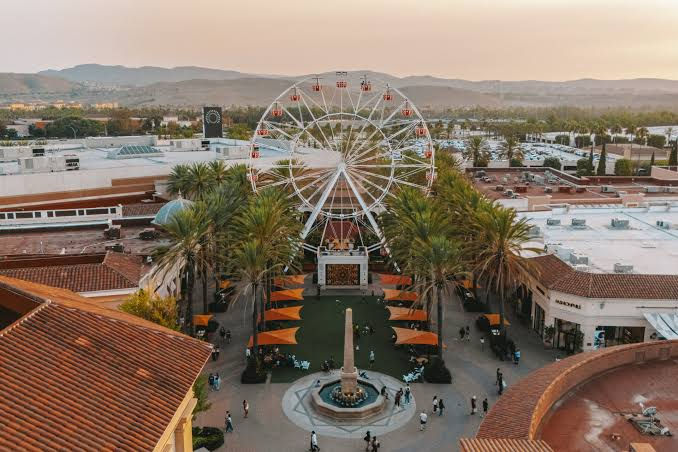 Aerial view of Irvine Spectrum Center at sunset showing retail and dining district where Calview Films provides commercial window tinting services