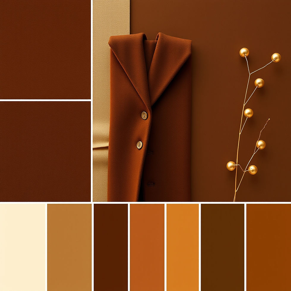“Minimalist color palette featuring ivory, caramel, chestnut, gold, espresso, and copper — structured brown coat with gold details styled against warm neutral backdrops, reflecting timeless quiet luxury.”