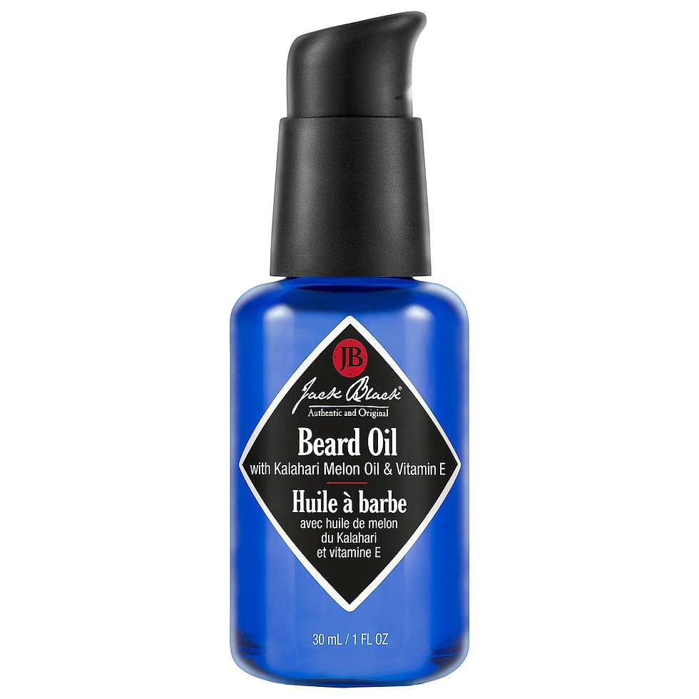 “Jack Black beard oil bottle in blue packaging, a grooming essential for men with beards or stubble.”