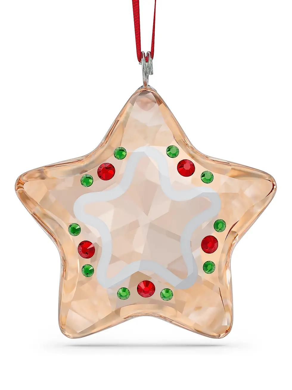 Swarovski crystal gingerbread star ornament with sparkling detailing and a hanging ribbon.