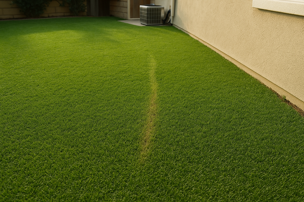 Artificial turf lawn with a subtle, light green and slightly brown burn mark running vertically across the grass, caused by reflective sunlight from nearby windows