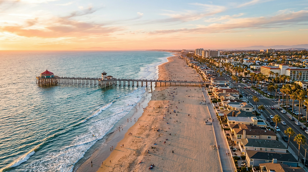Aerial view of Huntington Beach pier and strand homes at sunset showing coastal residential neighborhoods where window film addresses UV protection glare and solar heat