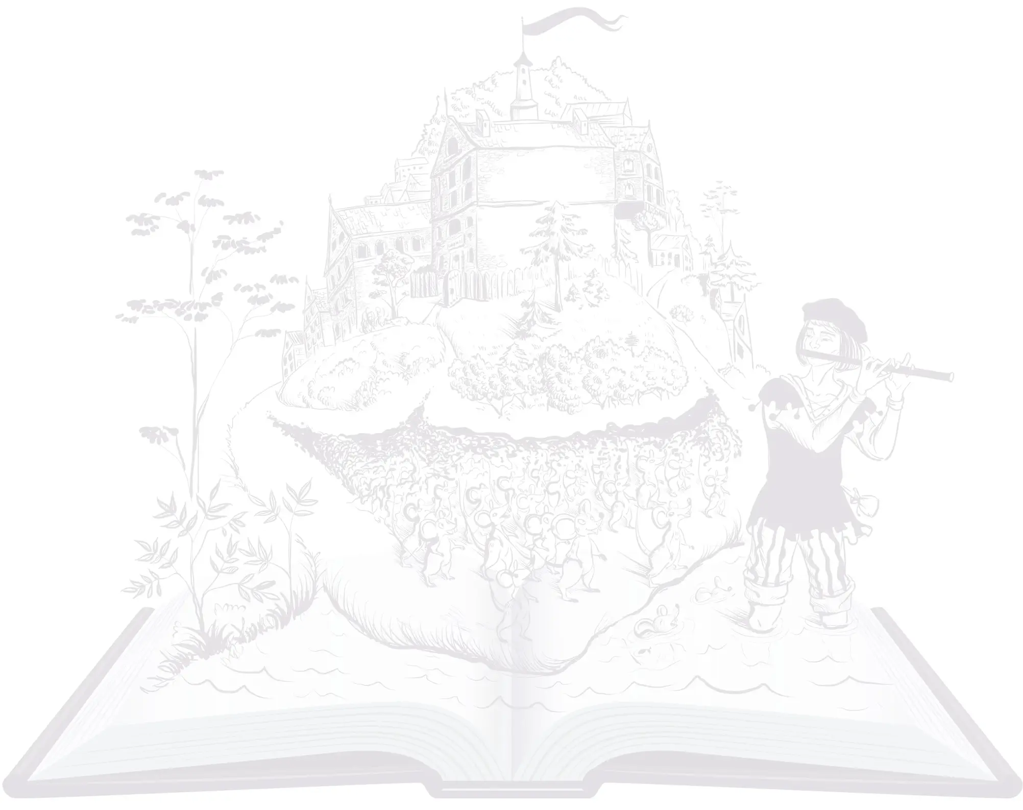 Fantastical open book depicting the Pied Piper playing a flute