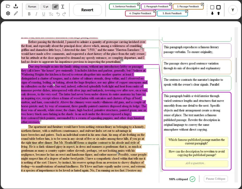 Screenshot of AI Book Editor in Critique mode. A long sitting-room description from Wuthering Heights is highlighted in purple. The right-hand panel says the paragraph builds a vivid interior through varied sentence lengths and specific objects, and that the wording matches a famous published passage. Two follow-up questions ask which passage it matches and how it could be rewritten without copying. Other sentence- and passage-level notes are visible. The toolbar lists sentence, paragraph, passage, chapter, and book feedback.