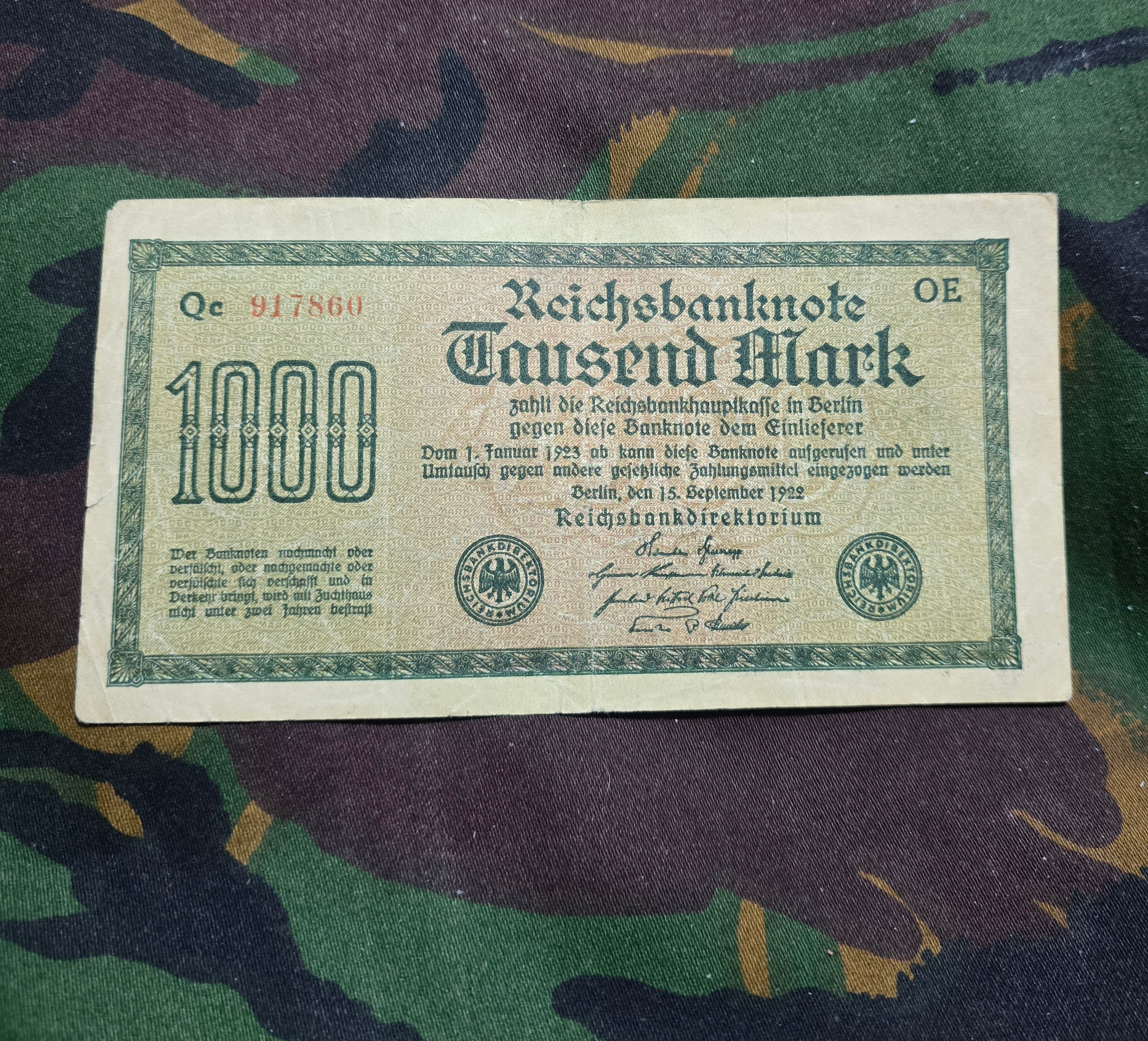 German 1,000 Mark banknote issued by the Reichsbank on September 15, 1922