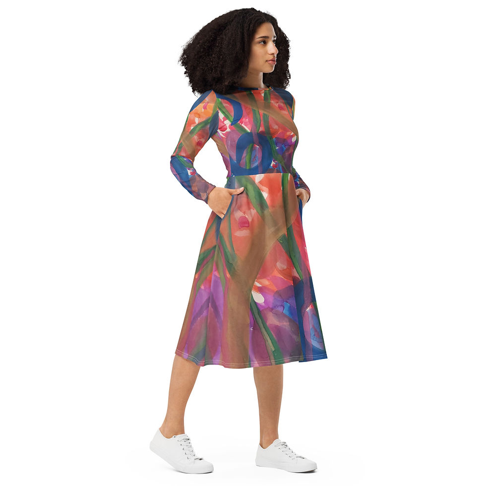 Thumbnail: Seaweed Garden II All-over print long sleeve midi dress