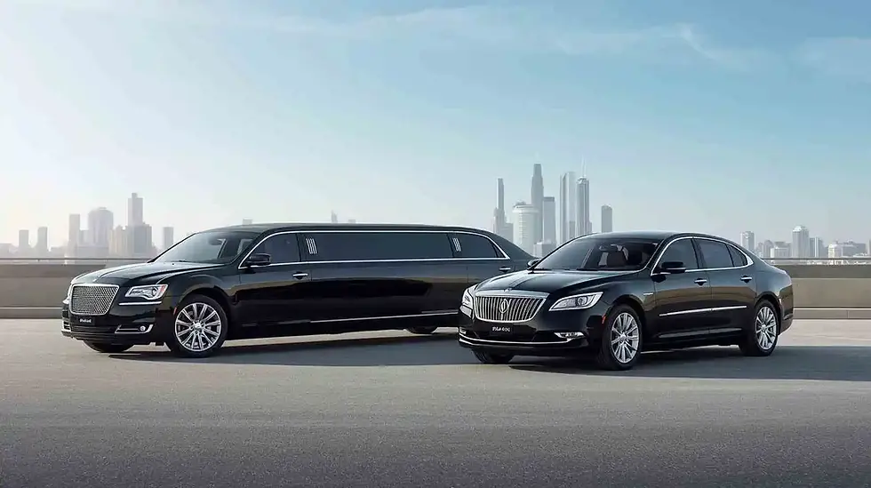 Luxury black airport sedan and stretch limousine parked with city skyline, representing professional Baltimore airport sedan service for business travelers