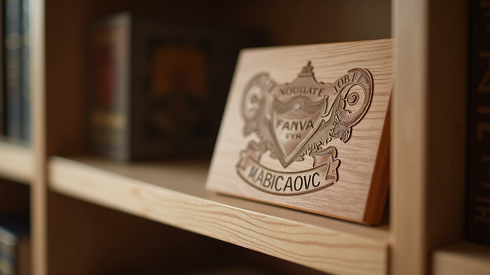Eye-level view of a custom engraved wooden plaque on a shelf