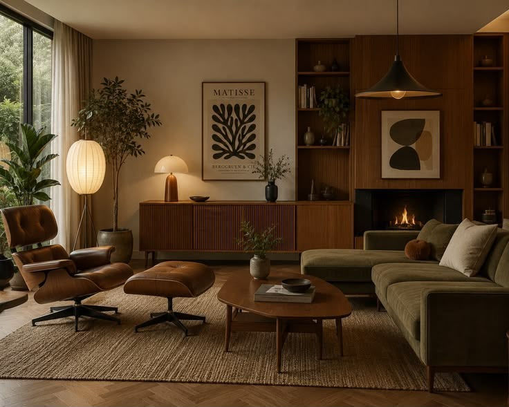 Salón moderno y cálido con sofá verde, sillón de cuero, chimenea encendida, lámpara, plantas y póster Matisse.