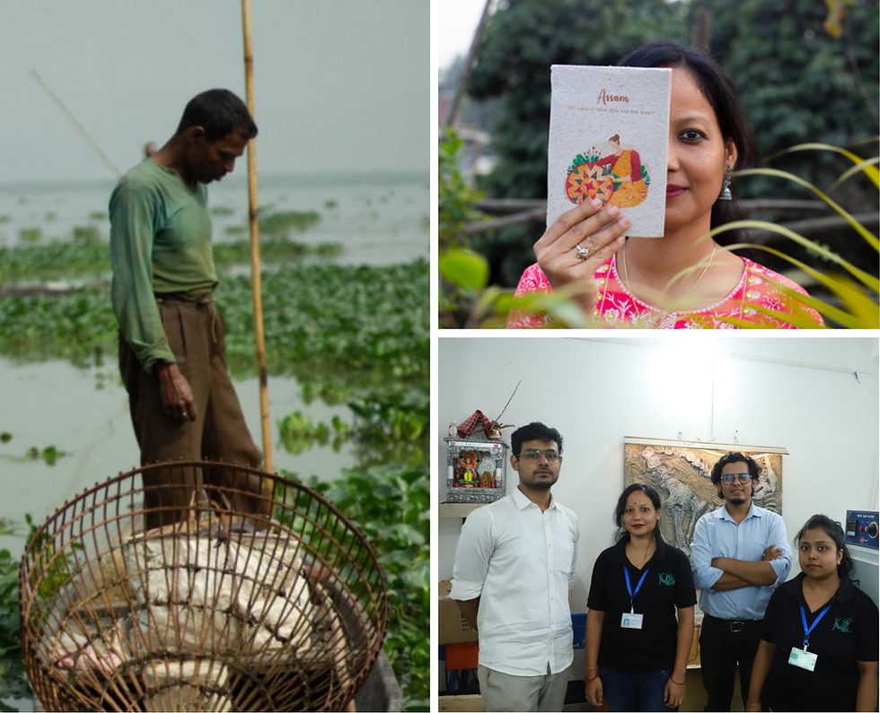 Source: (Left) Fisherman collecting water hyacinth for paper production, (Top Right) Kumbhi Kagaz’s Product, kumbhikagaz.com (Bottom Right) Kumbhi Kagaz Team | Business Northeast