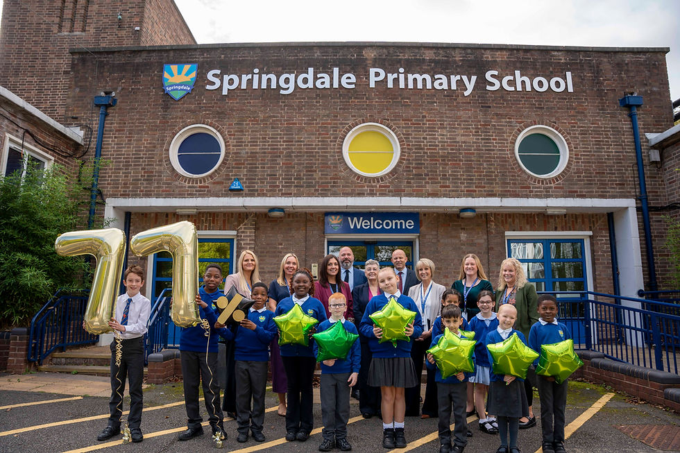 Celebrating their Ofsted success – and the fact that 77% of mainstream pupils achieved the expected standard in Reading, Writing and Maths combined last year – are Springdale Primary School pupils with, left to right, Nicola Wells, Assistant Headteacher; Laura Hodgkinson Deputy Headteacher; Chris Blunt, Lykos Director of Primary Education; Councillor Jacqui Coogan, the City of Wolverhampton Council's Cabinet Member for Children, Young People and Education; Graham Tate, the CEO of Lykos; Zoey Lowe, Headteacher; Tracey Thomas-Williams, Assistant Headteacher; and Sally Grayson, SENCO.