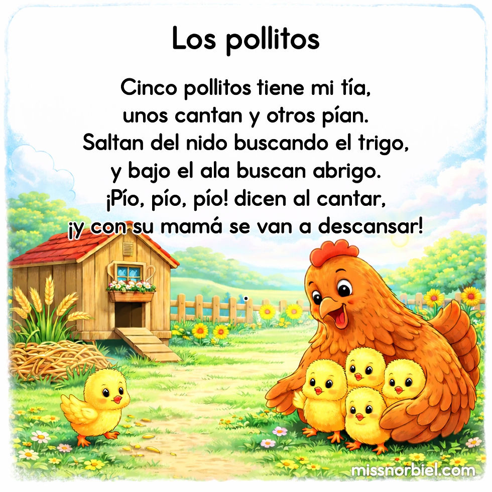 Rima corta para niños. Gallina y cinco pollitos en un jardín colorido frente a una cabaña, texto de canción infantil: Los pollitos dicen, ¡pío, pío, pío!.