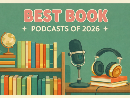 Vintage-style illustration featuring a bookshelf filled with books, a podcast microphone, and headphones, created for the ‘Best Book Podcasts of 2026’ blog post.
