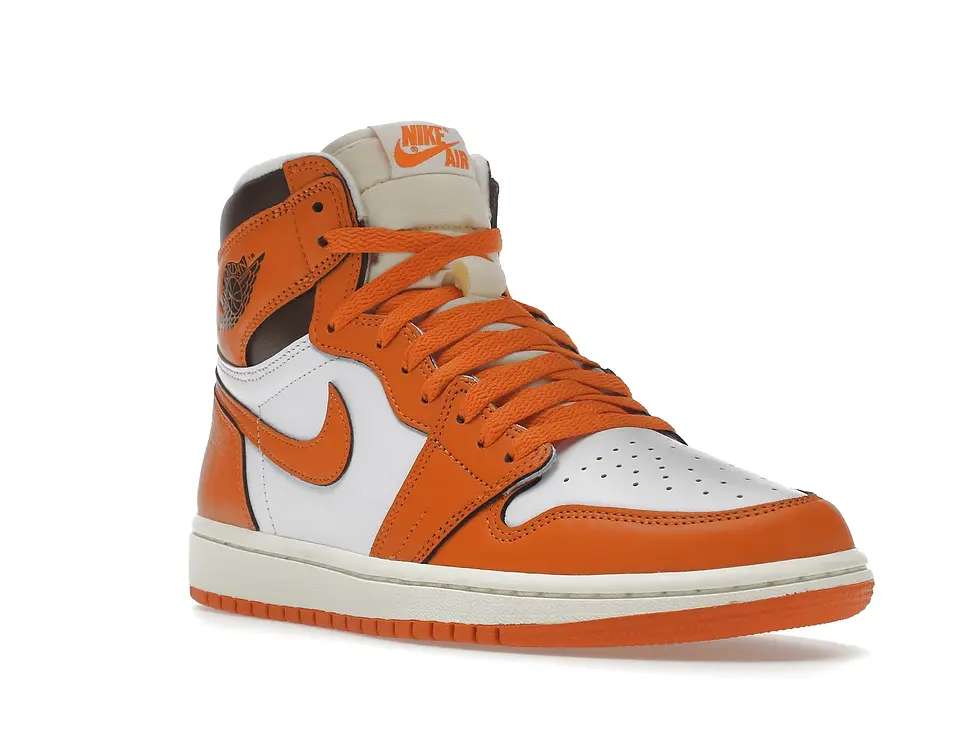 Air Jordan 1 high-top sneaker, orange, white, black, with Nike logo.
