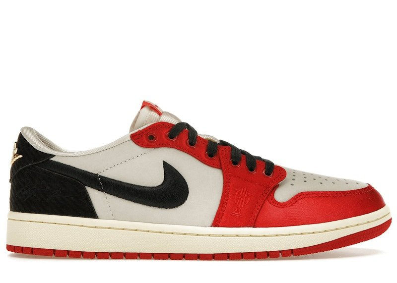 Red and off-white Air Jordan 1 Low sneaker with black swoosh.