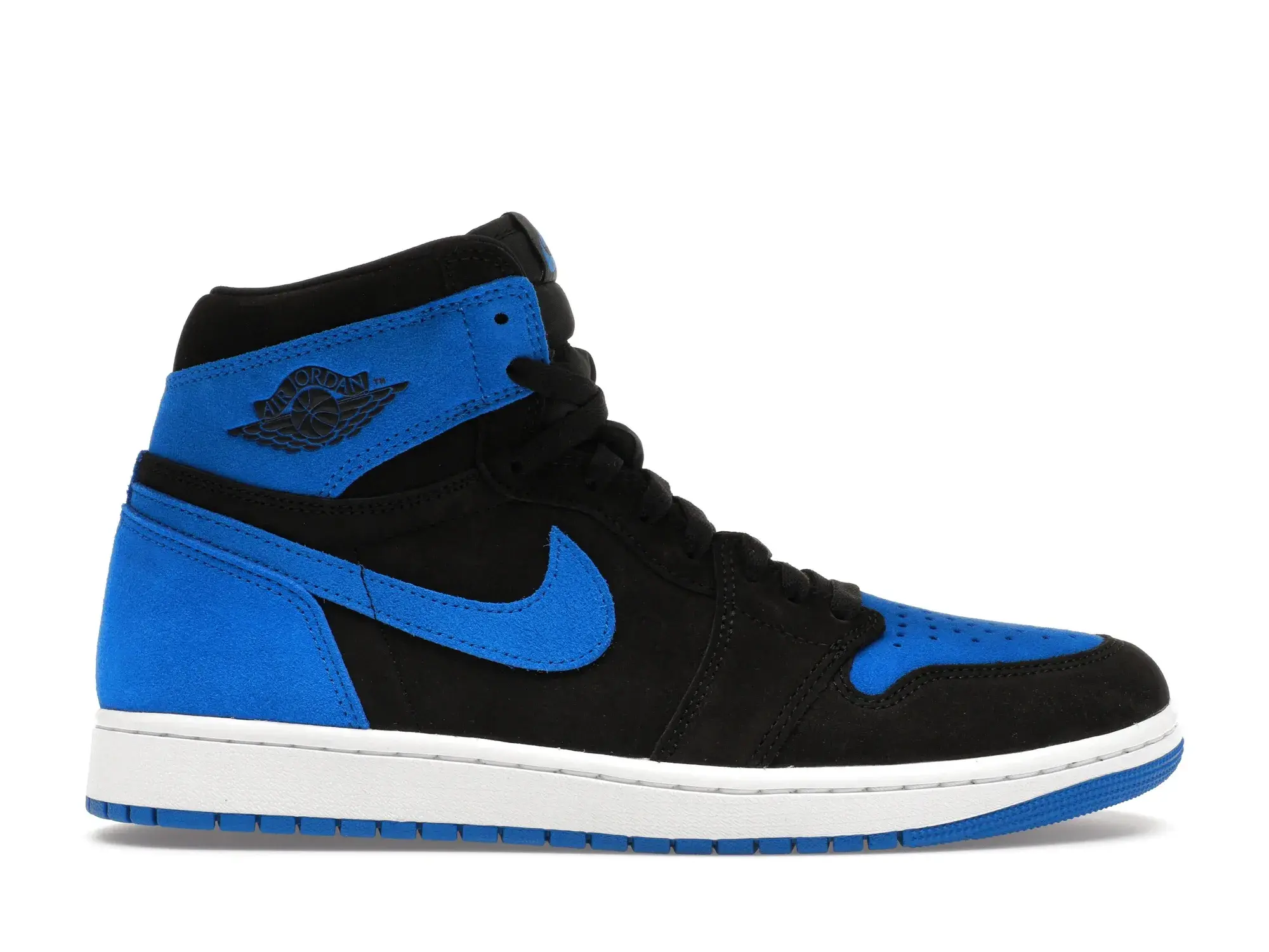 Single black and blue high-top Nike sneaker with white sole.