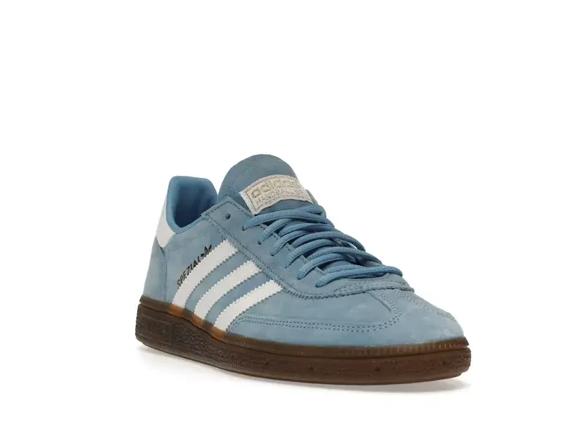Blue Adidas Handball Spezial sneaker, white stripes, brown gum sole.