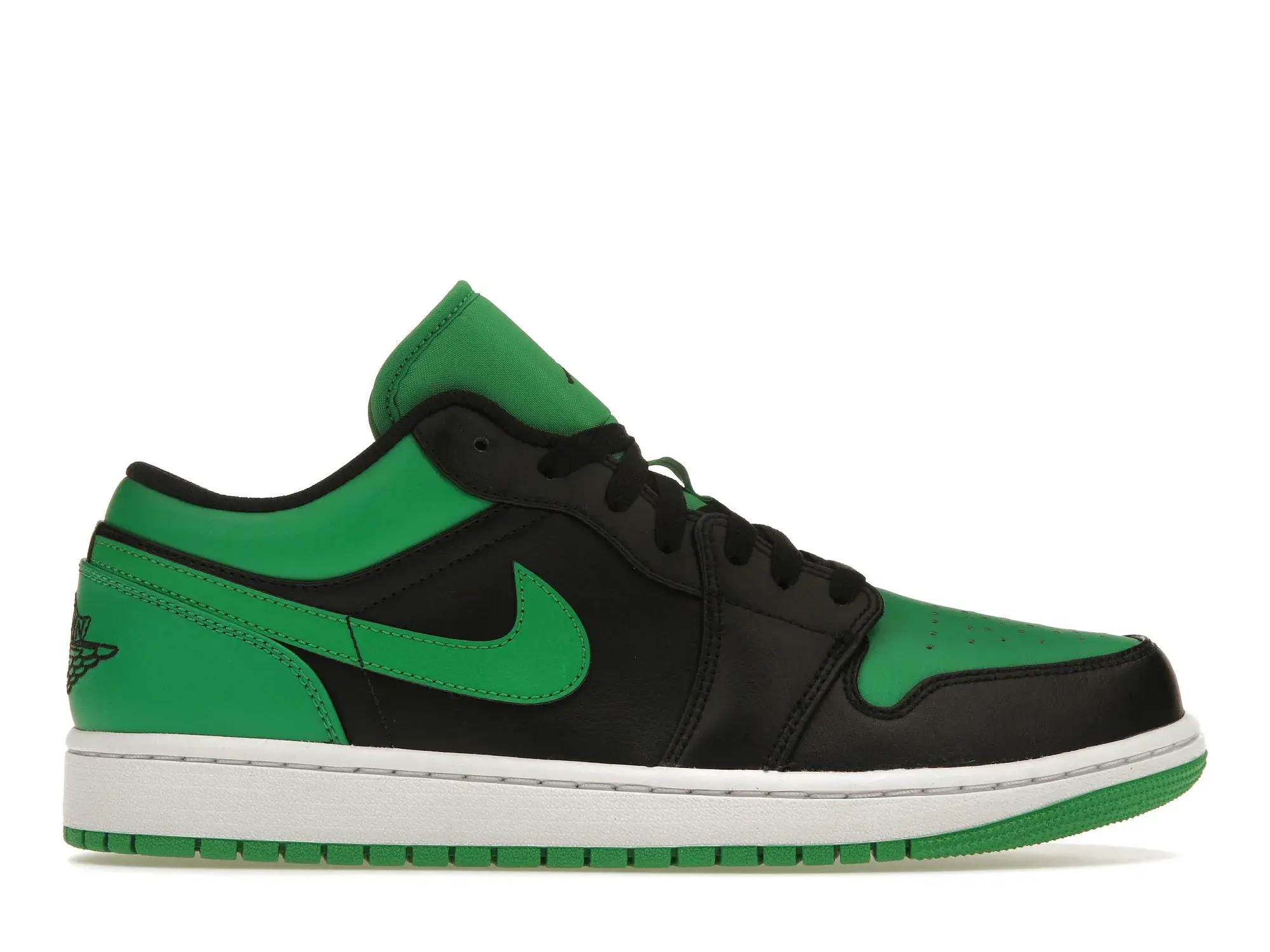 Black and green Air Jordan 1 Low sneaker on white background.