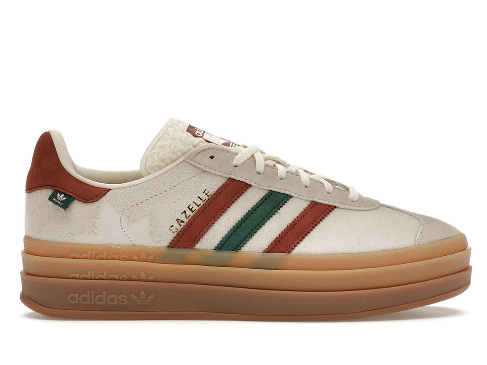 Cream Adidas Gazelle platform sneaker, "GAZELLE", red-green stripes, fuzzy lining.