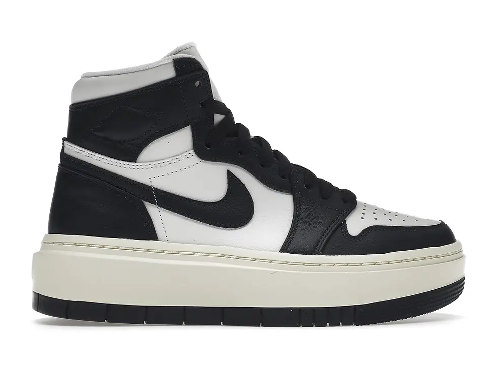 Black and white high-top Air Jordan 1 platform sneaker with thick sole.