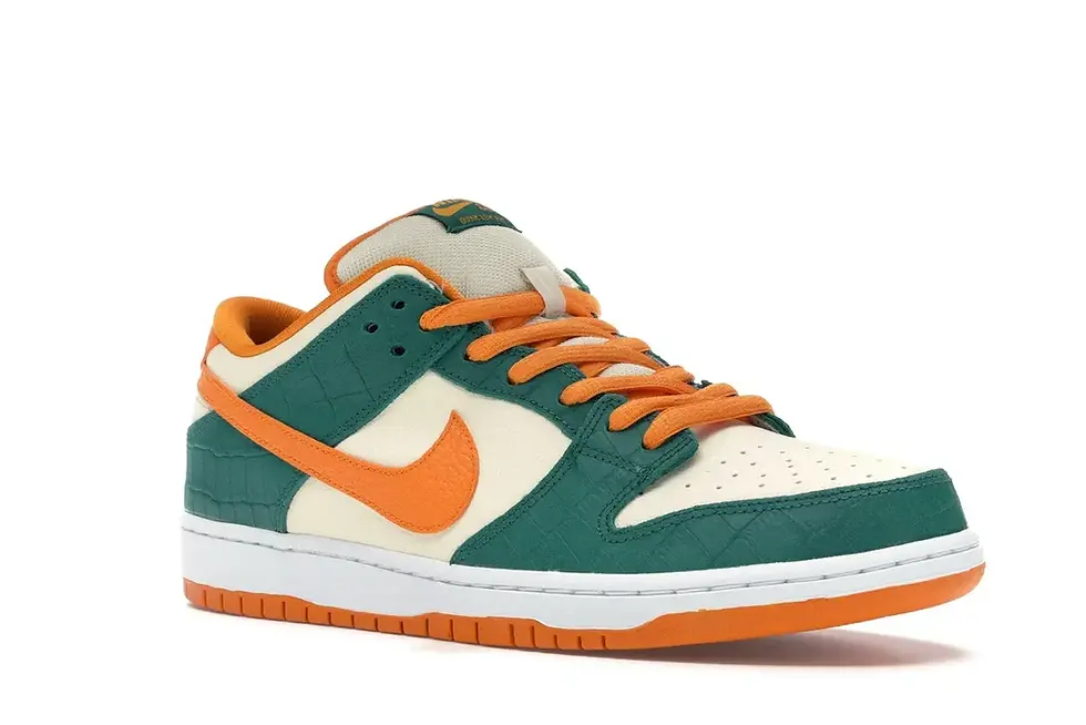 Green and orange Nike Dunk Low sneaker isolated on a white background.
