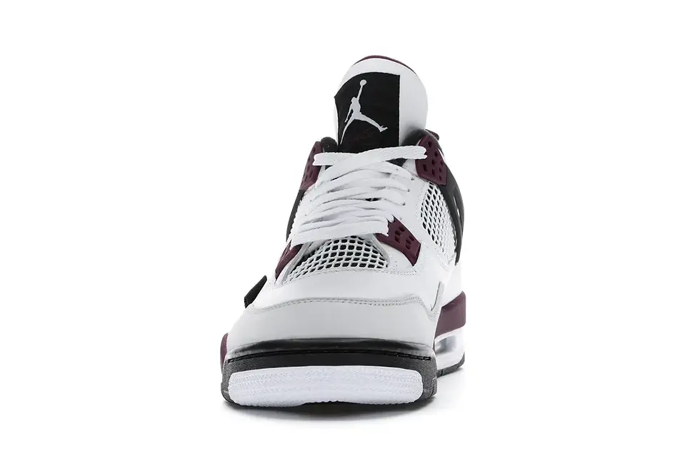 Thumbnail: Front view of white, black, maroon Air Jordan 4 sneaker.