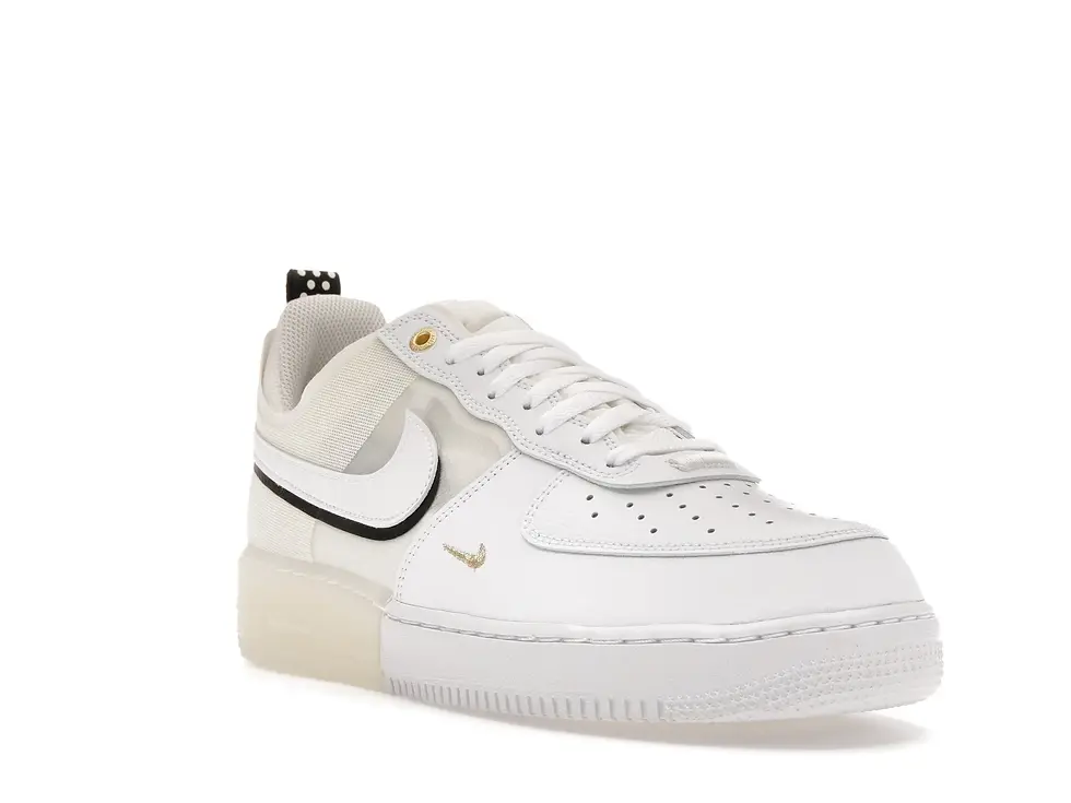 White Nike Air Force 1 React sneaker, black swoosh, translucent sole.