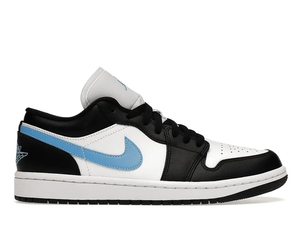 Black and white Air Jordan 1 Low sneaker with light blue swoosh.